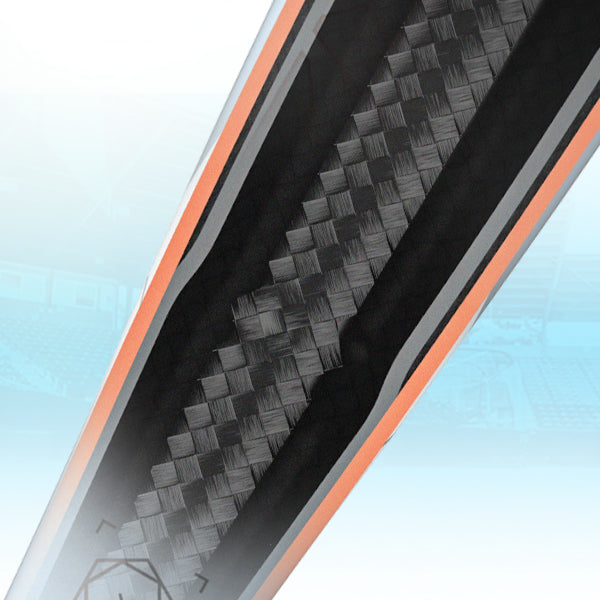 Close-up of a carbon fiber composite material within an orange and gray casing, showcasing the woven texture and layered construction. The background is light blue with faint, blurred geometric patterns.