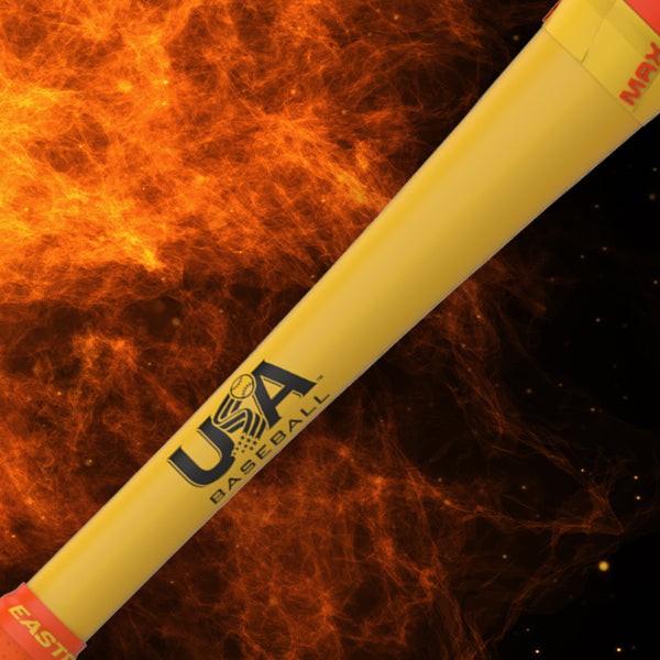 The 2025 Easton Hype Fire (-8) 2 5/8" USA Baseball Bat (EUS5HYP8) is shown diagonally with bold USA Baseball and Easton logos against a fiery orange and black background, emphasizing this powerful composite bat.
