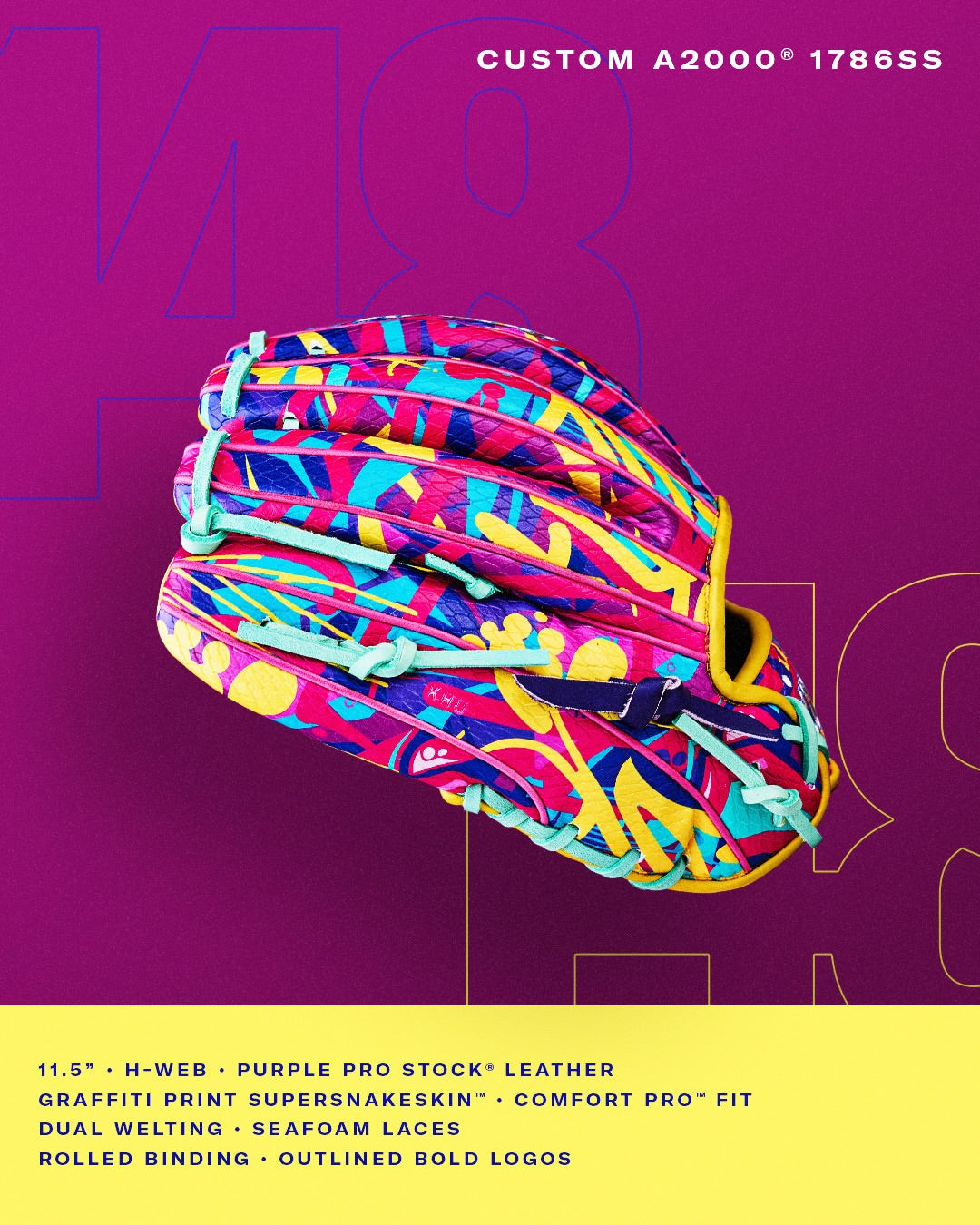 The Wilson A2000 1786SS 11.5" Baseball Glove (GOTM January 2026) showcases Pro Stock leather, a colorful graffiti design, aqua seafoam laces, and bold outlined logos, set against a vibrant purple and yellow background.