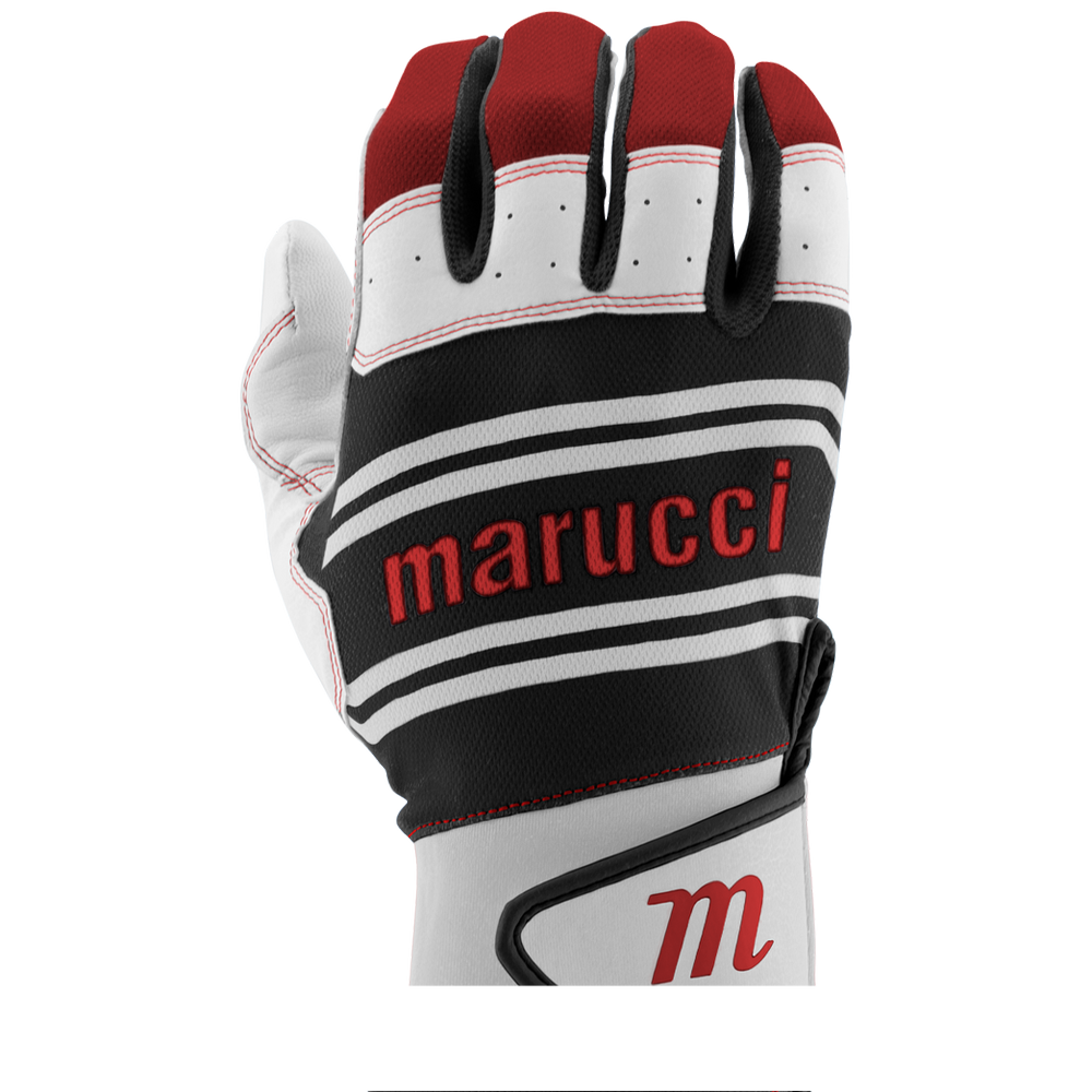 A close-up of Marucci Swift Lite Youth Batting Gloves (MBGFZNLY), mostly white with red and black accents, displaying the Marucci logo in bold red letters and crafted for a superior feel.