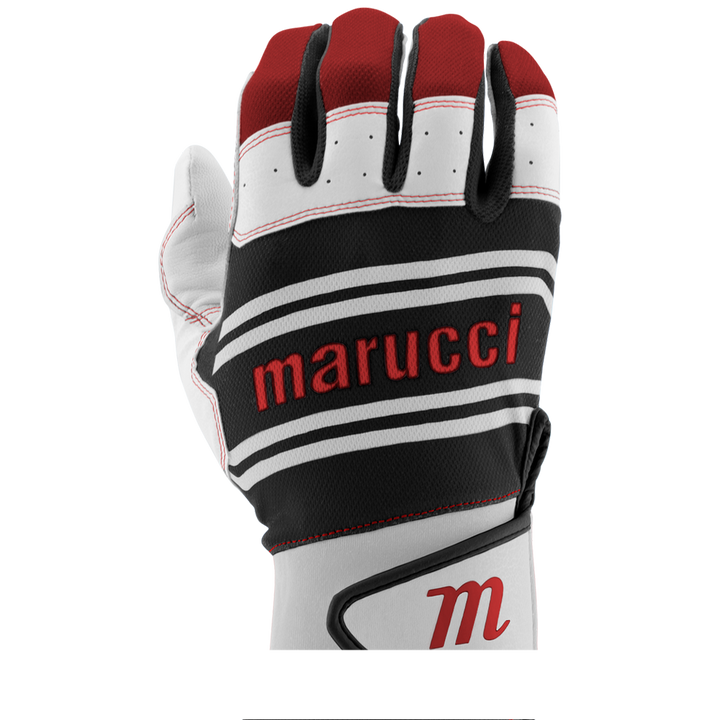 A close-up of Marucci Swift Lite Youth Batting Gloves (MBGFZNLY), mostly white with red and black accents, displaying the Marucci logo in bold red letters and crafted for a superior feel.