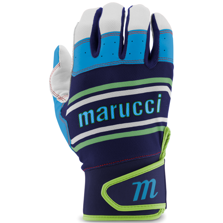 The Marucci Swift Lite Youth Batting Glove (MBGFZNLY) is shown in blue, white, and green with "Marucci" across the back, a stylized "M" on the wrist strap, and a genuine leather palm for durability.