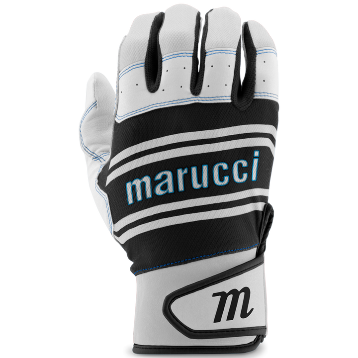 The Marucci Swift Lite Youth Batting Gloves (MBGFZNLY) feature white and black colors with blue accents, the Marucci name across the back, a stylized 'M' on the wrist strap, and a genuine leather palm for superior grip and comfort.
