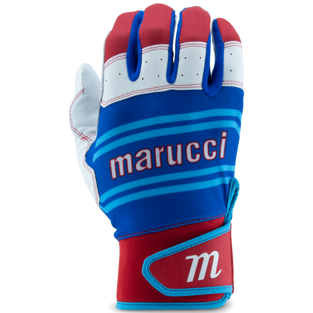 A pair of Marucci Swift Lite Adult Batting Gloves (MBGFZNL) in blue, red, and white is displayed on a plain background, featuring the Marucci brand name across the back.