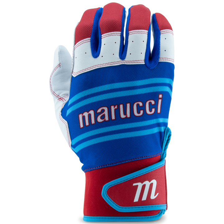 The Marucci Swift Lite Youth Batting Glove MBGFZNLY features a blue, red, and white design with "Marucci" in white across the back, a white "M" on the red wrist strap, and a genuine leather palm. Shown palm-down on a plain background.