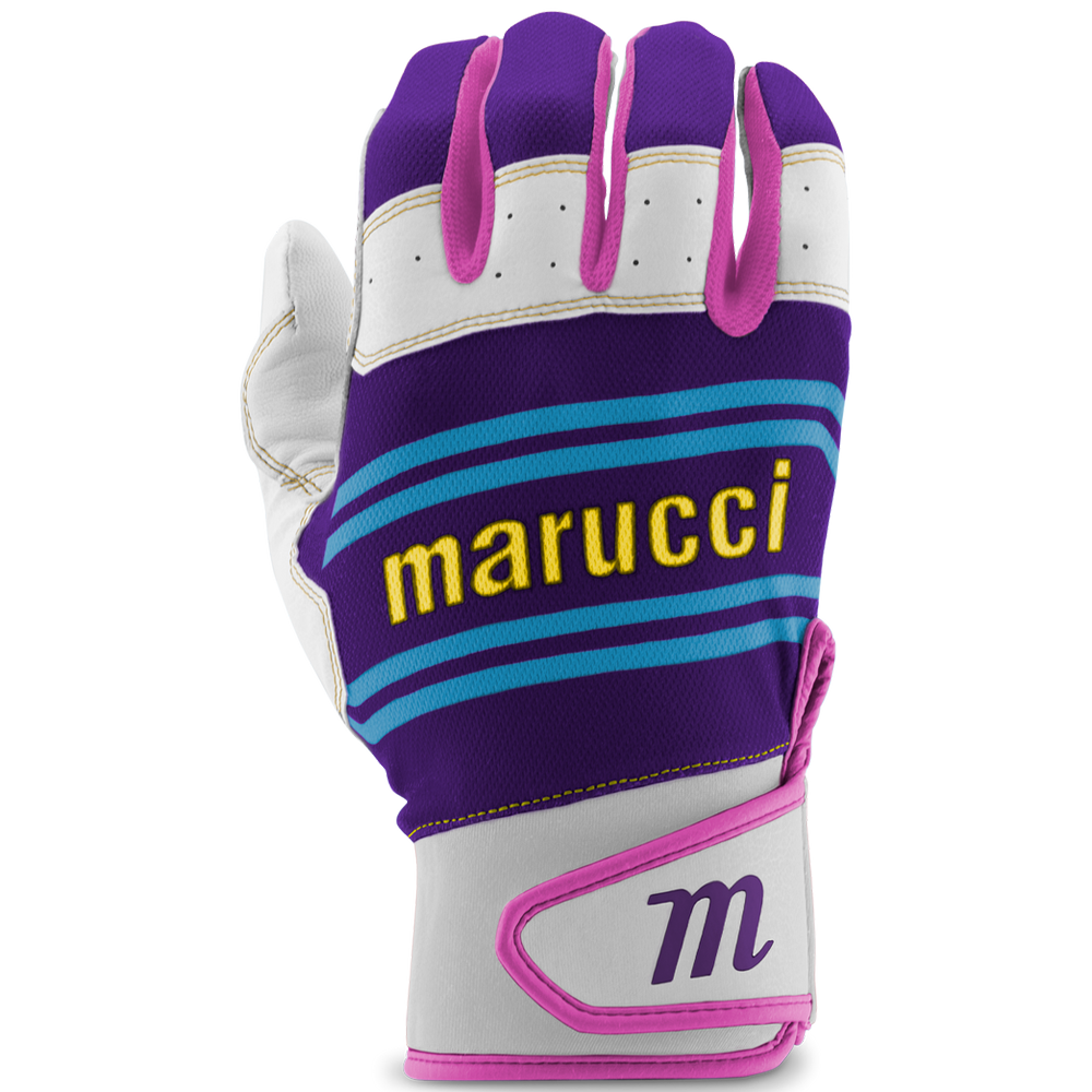 The Marucci Swift Lite Youth Batting Gloves (MBGFZNLY) feature a lightweight purple, white, and pink design with blue stripes, “marucci” in yellow on the back, a pink M logo on the wrist strap, and a genuine leather palm for superior grip.