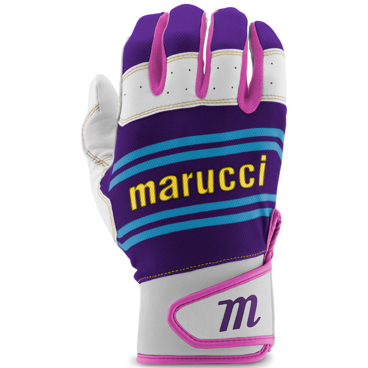 The Marucci Swift Lite Youth Batting Gloves (MBGFZNLY) feature a lightweight purple, white, and pink design with blue stripes, “marucci” in yellow on the back, a pink M logo on the wrist strap, and a genuine leather palm for superior grip.