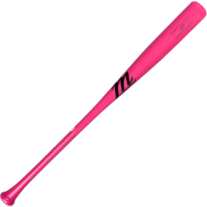 A bright pink Marucci AP5 Pro Model Maple Wood Bat (MVE4AP5) with a black "m" logo and text near the handle, designed for power hitters, is displayed on a plain white background.