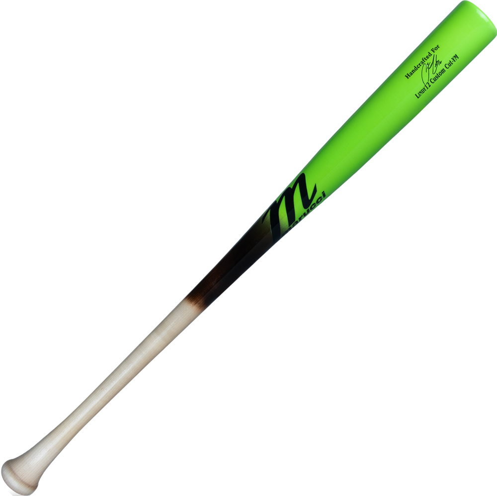 The Marucci LINDY12 Youth Pro Exclusive Maple Wood Bat (MYVE4LINDY12) features a natural wood handle, black midsection, bright green barrel, and is detailed with a black M logo and black text near the end.