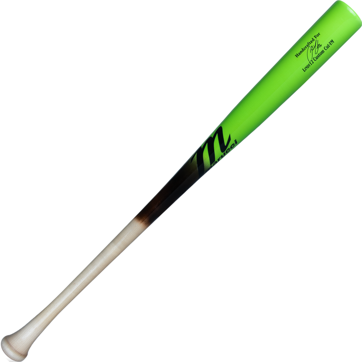 The Marucci LINDY12 Youth Pro Exclusive Maple Wood Bat (MYVE4LINDY12) features a natural wood handle, black midsection, bright green barrel, and is detailed with a black M logo and black text near the end.