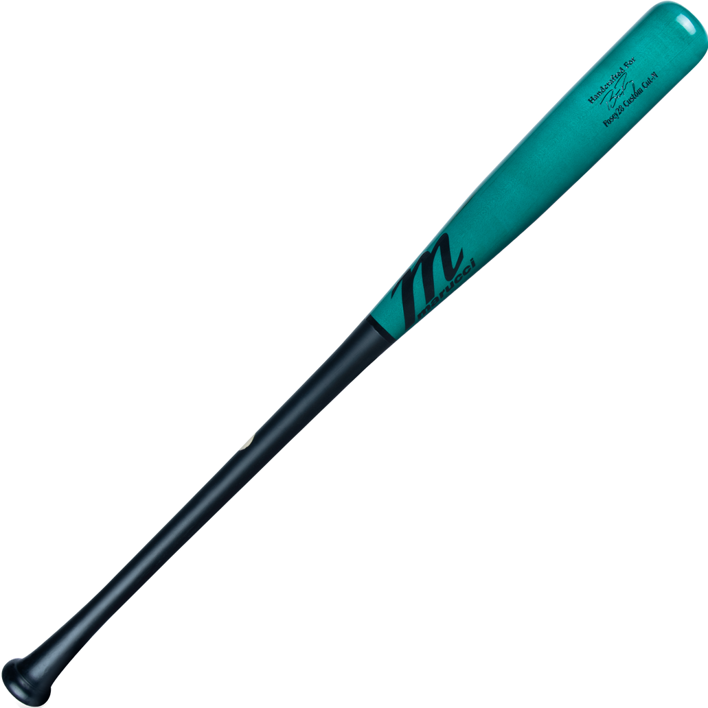 A Marucci POSEY28 Buster Posey Pro Exclusive maple wood bat (MVE4POSEY28-MK/OC) with a black handle, teal barrel, and black logo/writing near the barrel end, displayed on a plain white background.