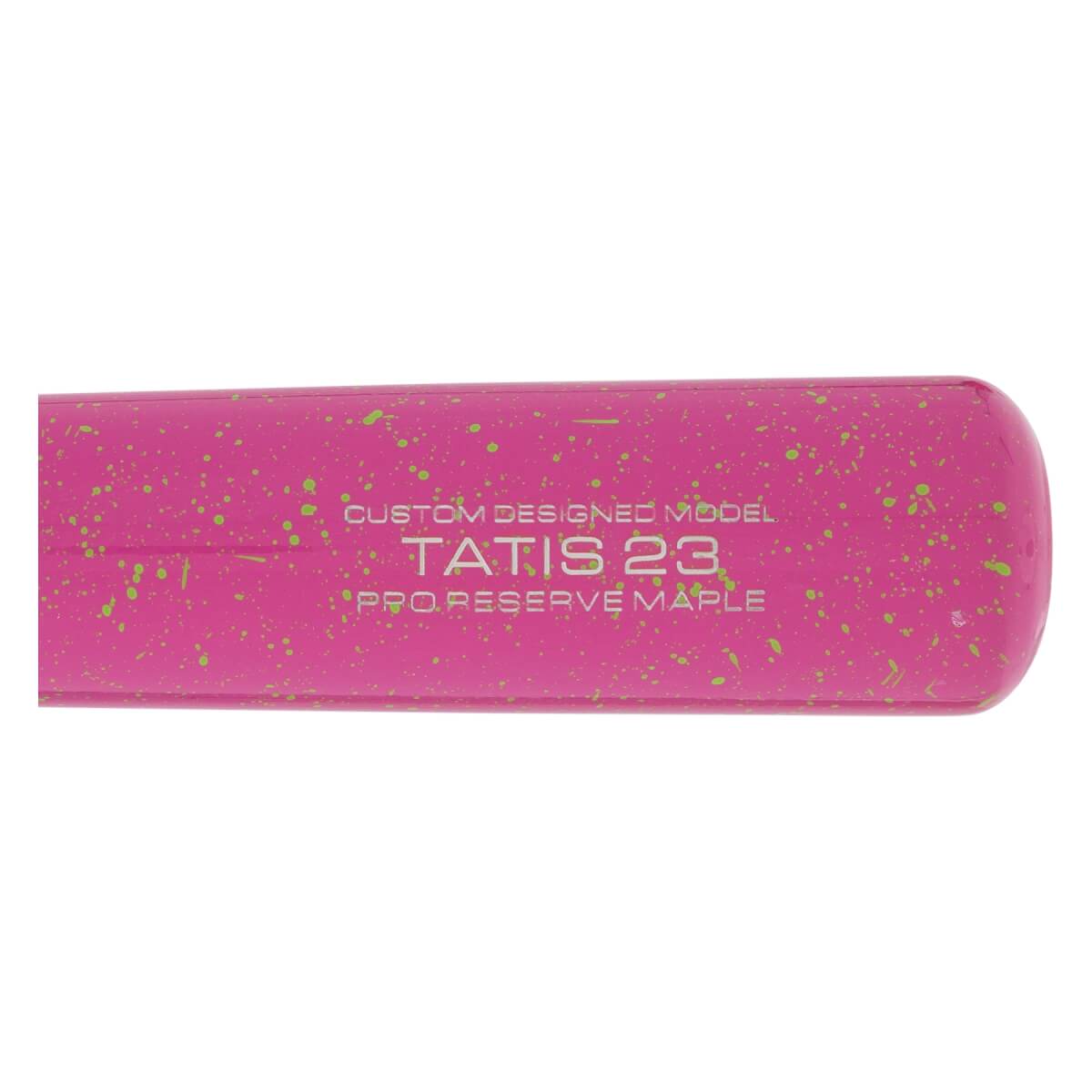 Close-up of the end-loaded Victus TATIS23 Fernando Tatis Pro Reserve Maple Wood Bat: VRWMFT23, in pink with light green speckles. Bat text reads: CUSTOM DESIGNED MODEL TATIS 23 PRO RESERVE MAPLE.