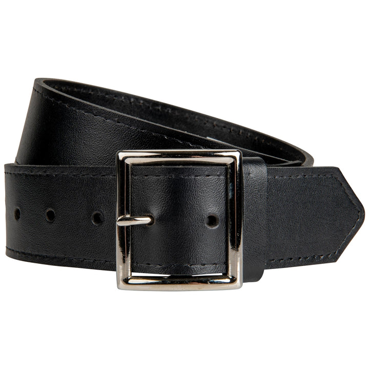 The Champro Sports Champro Umpire PU Leather 1 3/4" Belt (A069) features a wide black PU leather strap with a shiny silver rectangular buckle, displayed coiled on a white background.