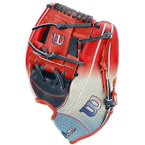 The Wilson A1000 1787 FREEBIRD 2.0 11.75″ Baseball Glove (WBG26501RT1175) features a striking red, white, and blue design with black laces and showcases the Wilson logo on both the thumb and palm areas when viewed from the palm side. Crafted from premium Full Grain leather, this glove delivers exceptional durability and performance for dedicated players.
