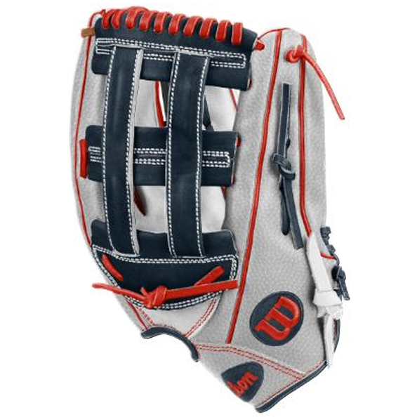 A Wilson A1000 1922 ROCKET 13″ Slowpitch Glove (WBG25401RT13) features a gray and navy design with red laces and stitching, an open web pattern for fielding, and displays the Wilson logo on the thumb area.