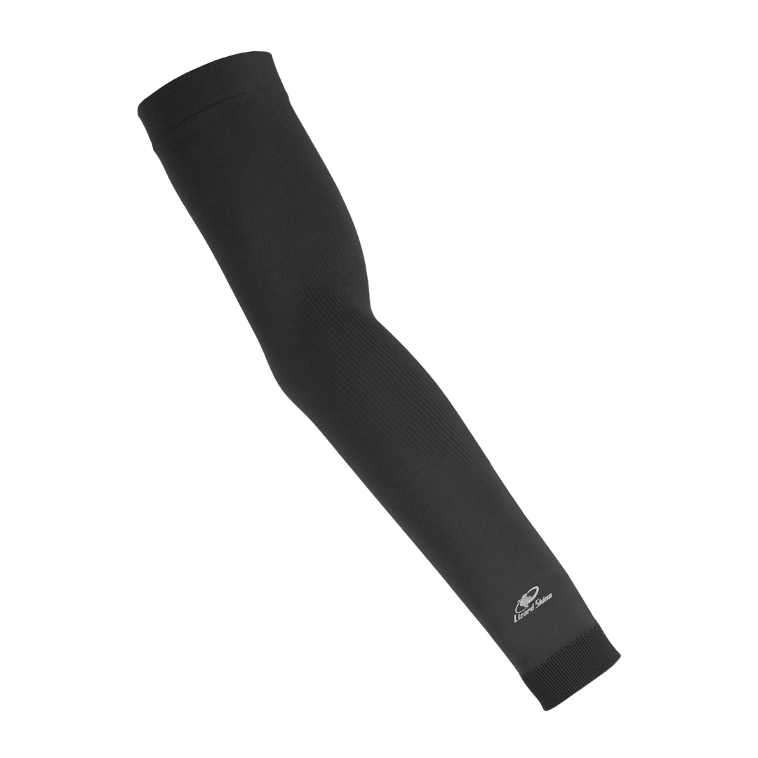 The Lizard Skins Knit Arm Sleeve: ARMK is a black compression-fit sleeve featuring a subtle logo near the wrist, shown against a plain white background.