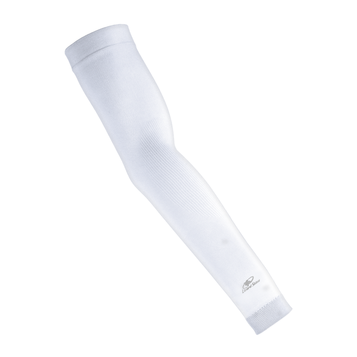 The Lizard Skins Knit Arm Sleeve: ARMK in white features a subtle logo near the wrist and offers optimal muscle support and compression fit, shown against a plain light gray background.