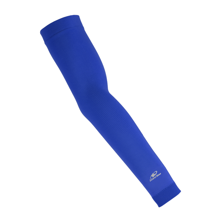 The Lizard Skins Knit Arm Sleeve: ARMK in Royal features a small white logo near the wrist, offers muscle support with a compression fit, and is displayed on a plain white background.