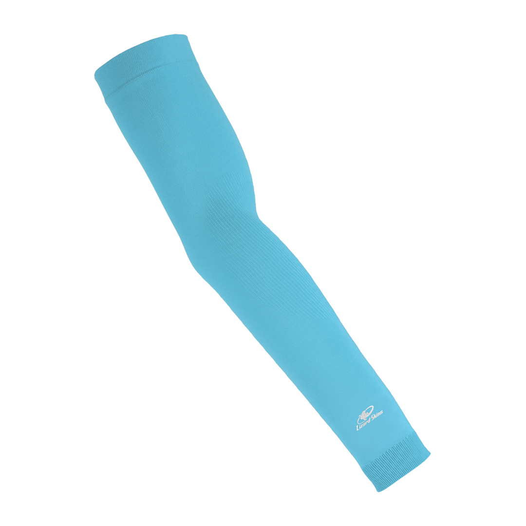 The Lizard Skins Knit Arm Sleeve: ARMK is a baby blue compression sleeve with a small white logo near the wrist, designed for muscle support, and shown on a plain white background.