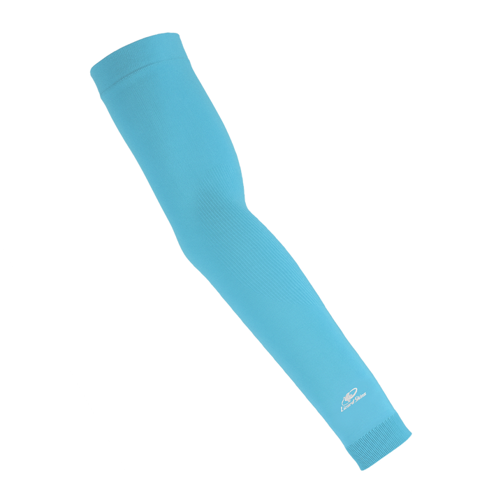 The Lizard Skins Knit Arm Sleeve: ARMK is a baby blue compression sleeve with a small white logo near the wrist, designed for muscle support, and shown on a plain white background.