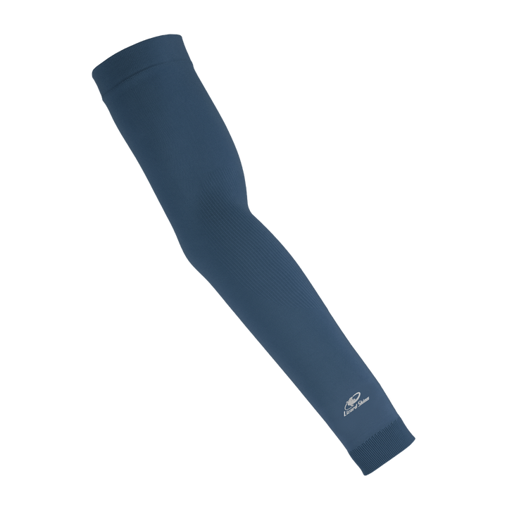The Lizard Skins Knit Arm Sleeve: ARMK is a navy compression sleeve with a subtle textured pattern and a small white logo near the wrist, designed for muscle support, shown against a plain white background.