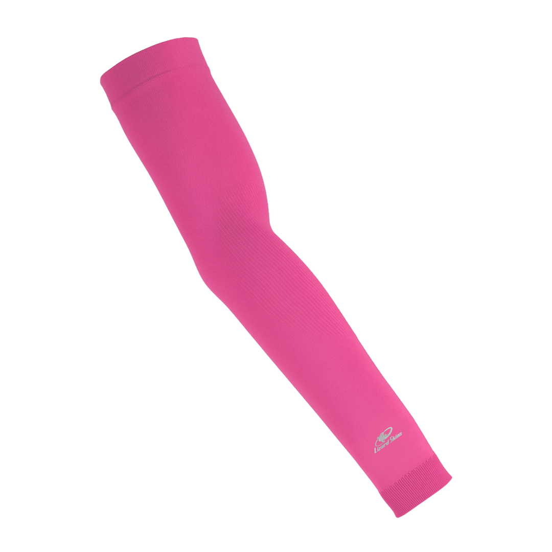 The Lizard Skins Knit Arm Sleeve: ARMK by Lizard Skins is shown in neon pink, featuring a compression fit and a small white logo near the wrist, displayed against a plain white background.