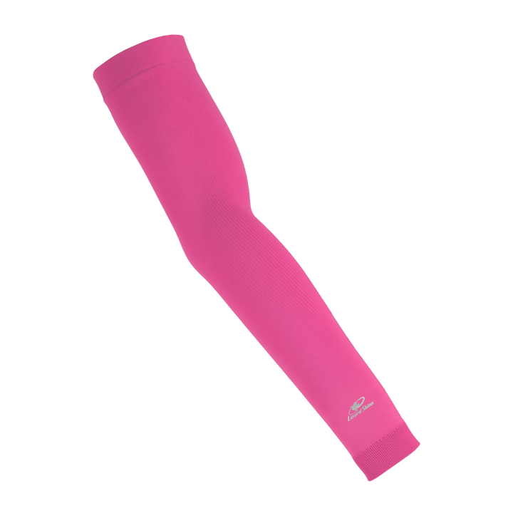 The Lizard Skins Knit Arm Sleeve: ARMK by Lizard Skins is shown in neon pink, featuring a compression fit and a small white logo near the wrist, displayed against a plain white background.