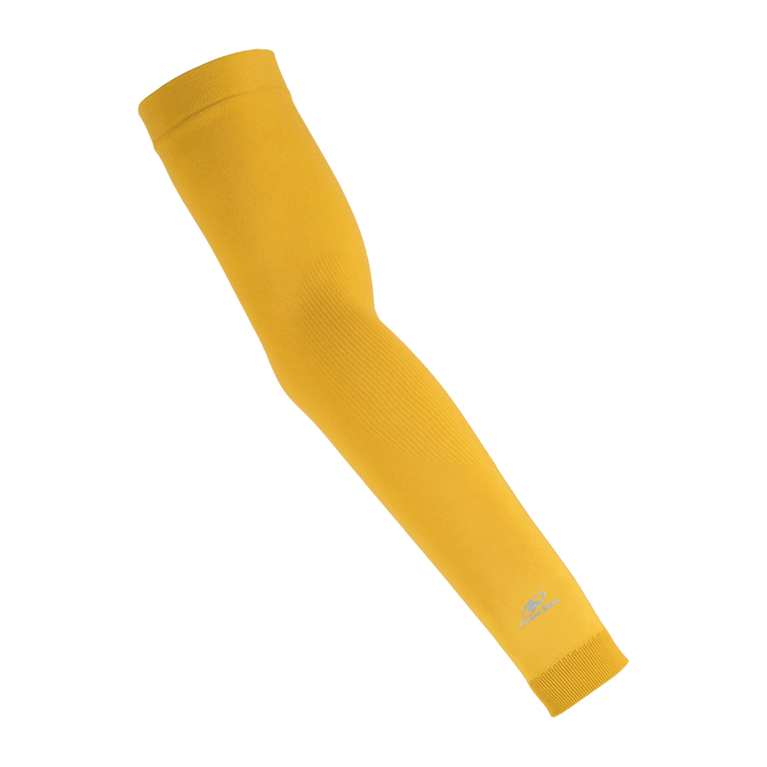 The Lizard Skins Knit Arm Sleeve: ARMK in Maize Yellow is shown diagonally on a plain white background, highlighting its supportive compression fit.