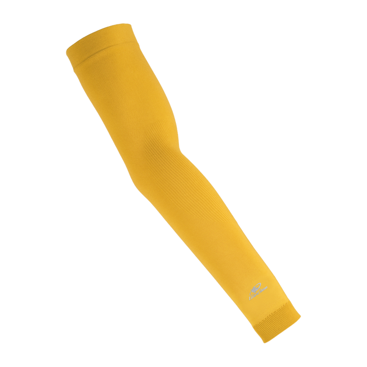 The Lizard Skins Knit Arm Sleeve: ARMK in Maize Yellow is shown diagonally on a plain white background, highlighting its supportive compression fit.