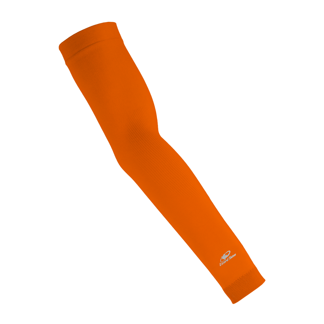 The Lizard Skins Knit Arm Sleeve: ARMK in Blaze Orange is a fitted sleeve with subtle ribbed texture and a small white logo near the wrist, providing muscle support and a comfortable compression fit, shown on a plain white background.