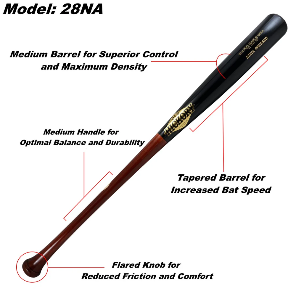 A black Old Hickory 28NA Steel Pressed Maple Wood Bat with white text.