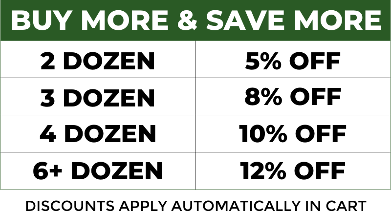 A chart showing bulk discounts: 2 dozen get 5% off, 3 dozen get 8% off, 4 dozen get 10% off, and 6 or more dozen get 12% off. Discounts apply automatically in cart.