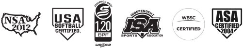 Six different softball certification logos, including NSA 2012, USA Softball Certified, USSSA 1.20 BPF, ISA, WBSC Certified, and ASA Certified 2004, displayed in a row.
