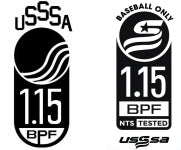 Two black-and-white USSSA 1.15 BPF certification logos for baseball bats, featuring bold text, wave designs, and additional labels such as BASEBALL ONLY and NTS TESTED.