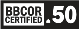 A black and white label with the text BBCOR CERTIFIED .50 indicating certification for baseball bats with a Bat-Ball Coefficient of Restitution of 0.50.