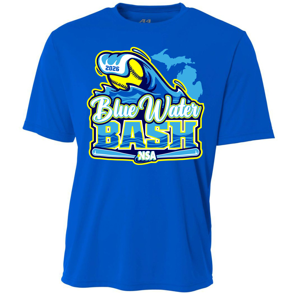 Pre-order the DSG Apparel 2026 NSA Blue Water Bash Fastpitch Tournament Shirt—royal blue with a glove-caught softball marked "2026," Blue Water Bash NSA text, and Michigan’s Lower Peninsula outline.