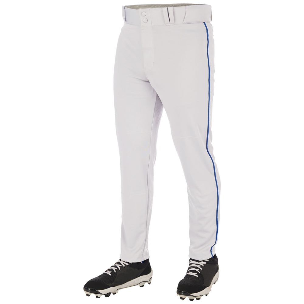 A person wearing Champro Sports Adult Triple Crown 2.0 Tapered Baseball Pants with blue piping (BP66) and black cleats, shown from the waist down against a plain background.