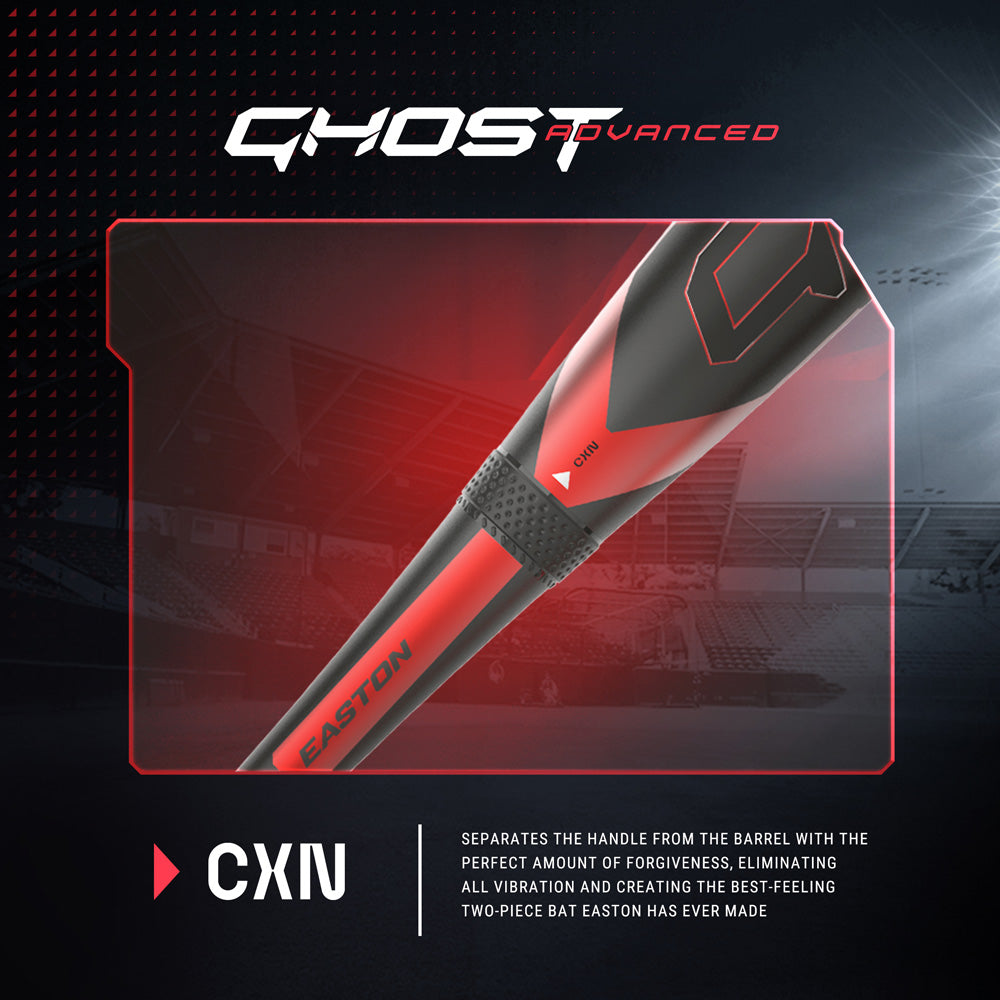 Close-up of the 2024 Easton Ghost Advanced (-9) Fastpitch Softball Bat: EFP4GHAD9, showcasing its CXN connection that separates handle from barrel; dim stadium background. Ideal for players seeking elite fastpitch softball bats from Easton.