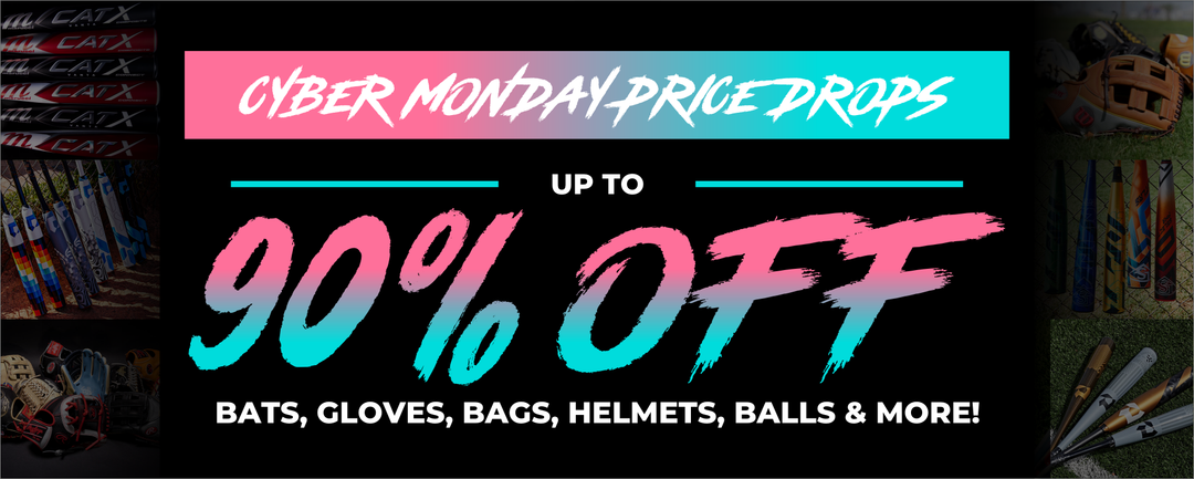 Cyber Monday Price Drops banner with “Up to 90% off” in large text. Below, it says “Bats, gloves, bags, helmets, balls & more!” Background shows images of various baseball and softball gear.