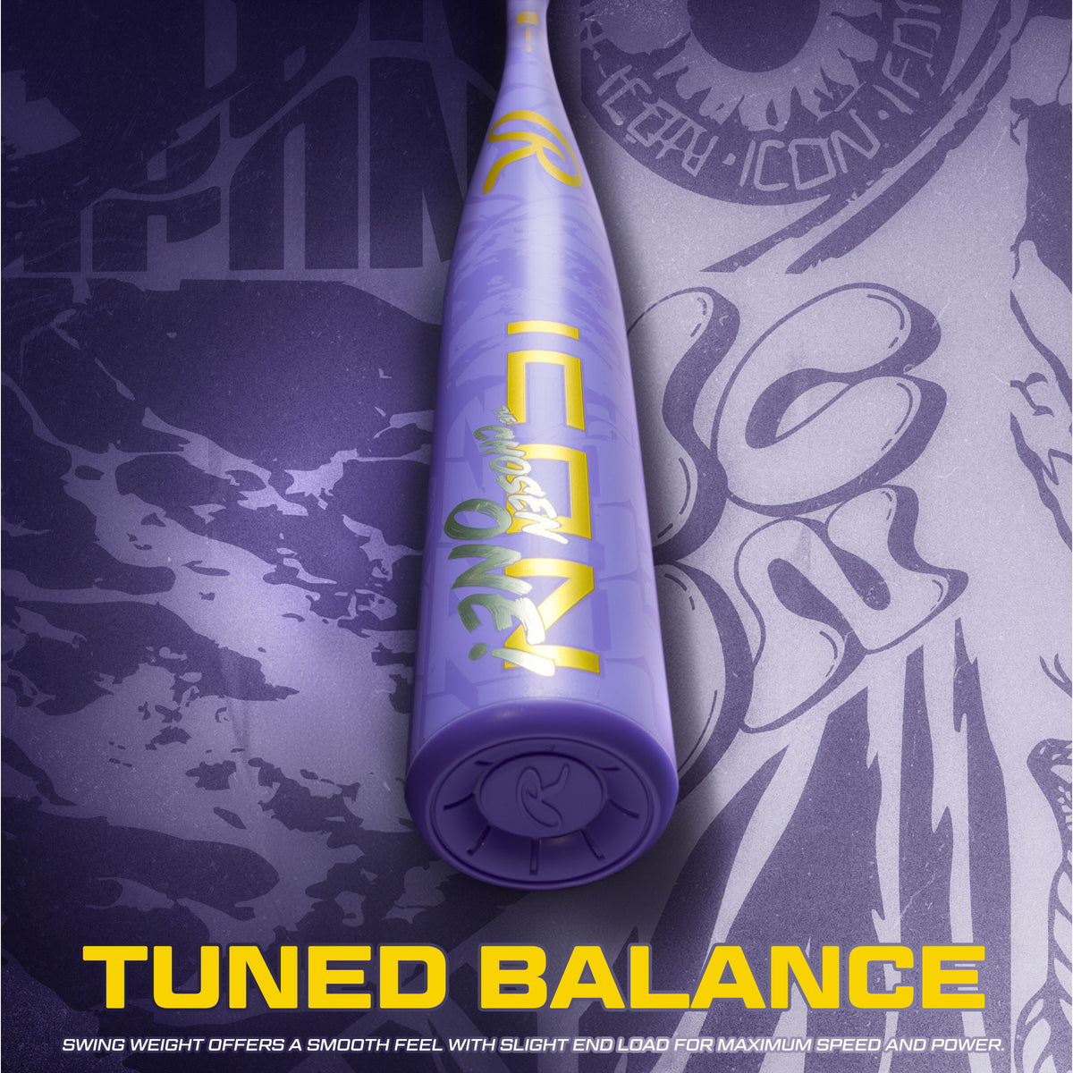 A purple Rawlings 2027 Icon The Chosen One (-3) BBCOR baseball bat (model RBB7IONE3) featuring bold yellow “ICON 2” lettering rests on a sleek purple surface with dynamic graphic designs. Text at the bottom reads: TUNED BALANCE. This one-piece composite bat boasts a tuned balance swing weight, offering a smooth feel with a slight end load for optimal speed and power—making it a top choice for players who demand both performance and standout style.
