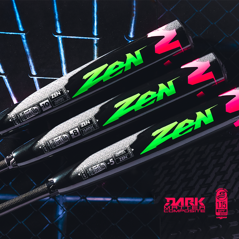 Three black baseball bats labeled Zen in bright green and pink are displayed side by side on a dark surface with a grid pattern, featuring โDark Matter Compositeโ and performance specs.