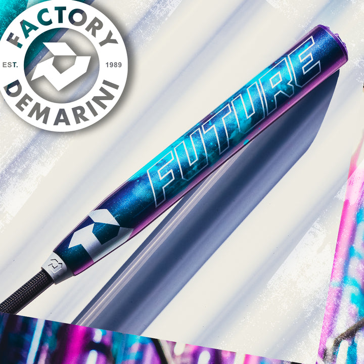 A metallic blue and purple 2026 DeMarini Future (-10) Fastpitch Softball Bat (WBD2674010) lies on a white surface, featuring "FUTURE" text and DeMarini’s circular logo with FACTORY in the top left, emphasizing its large sweet spot.