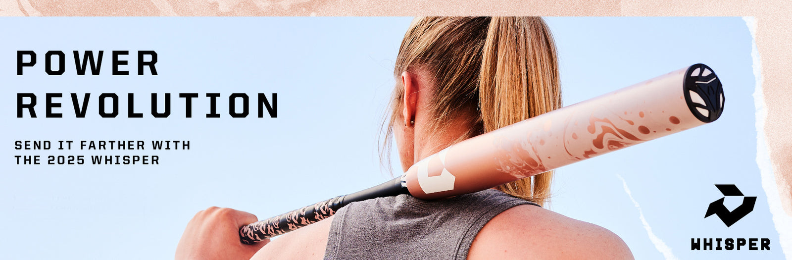A person with blonde hair holds a pink and black baseball bat over their shoulders. Text reads “Power Revolution. Send it farther with the 2025 Whisper.” The Whisper logo appears in the bottom right corner.
