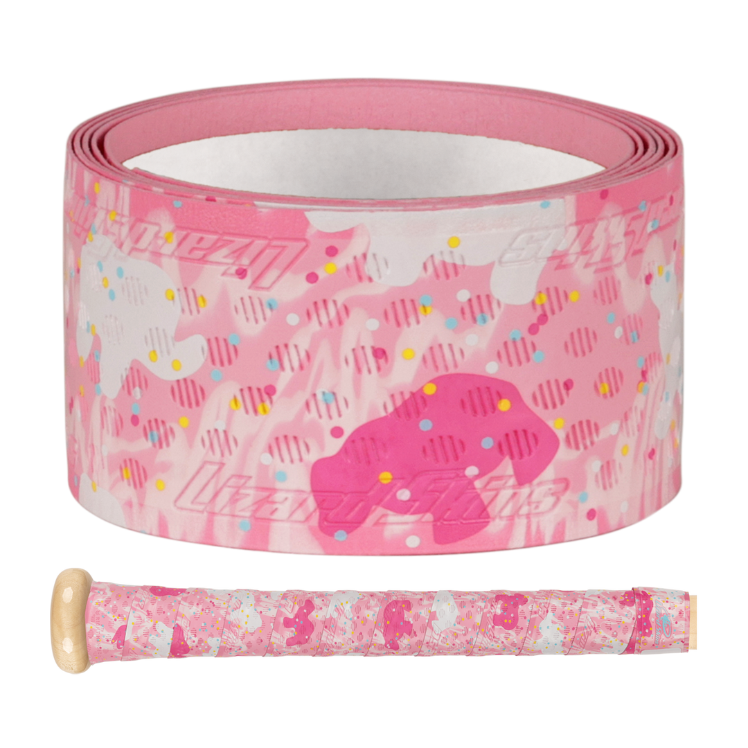 The Lizard Skins DSP Ultra Outburst 1.1mm Bat Grip in Frosted Cookies features pastel colors, fun shapes, and sprinkle patterns, shown on a close-up baseball bat handle, highlighting durable polymer by Lizard Skins.