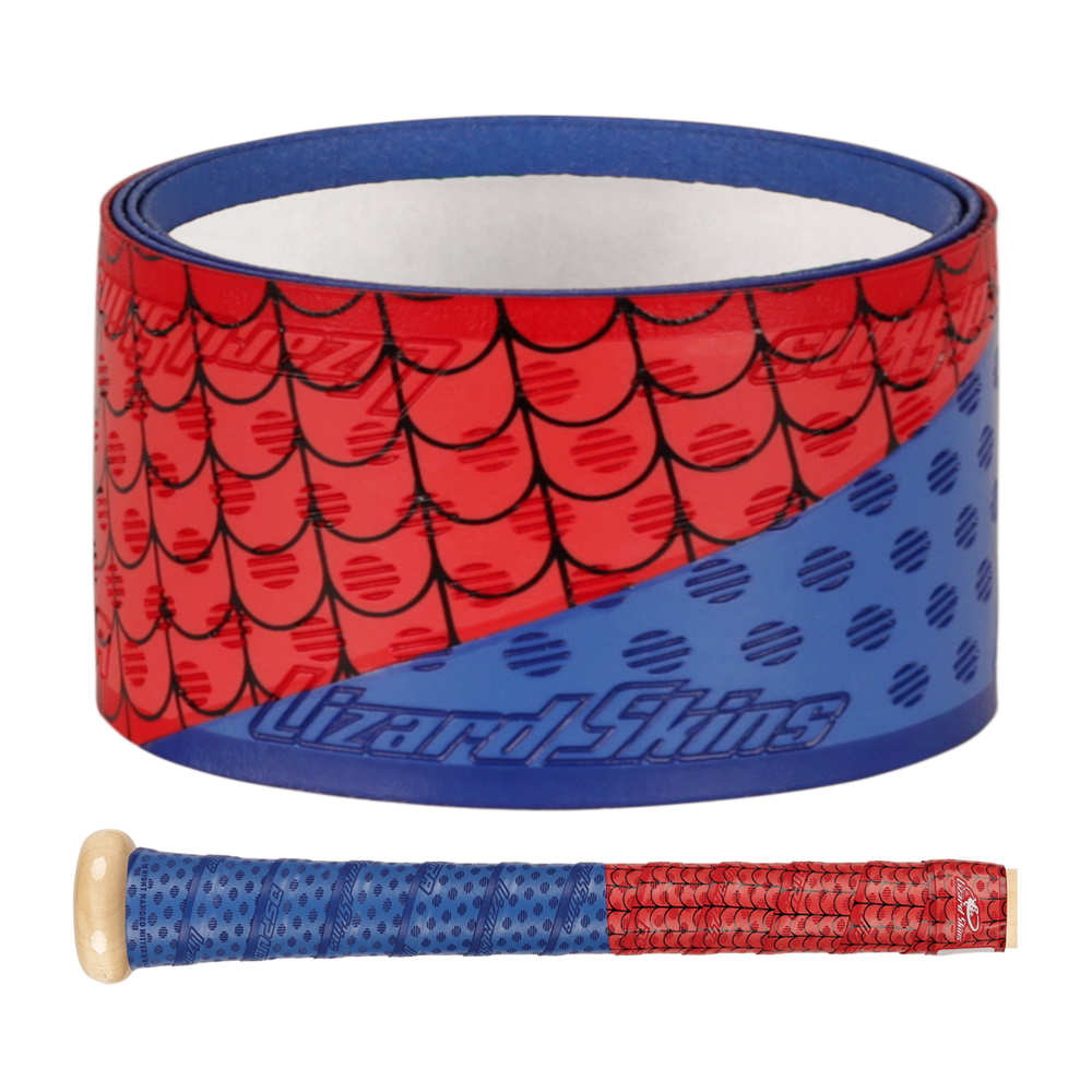 The Lizard Skins DSP Ultra Outburst 1.1mm Bat Grip, shown in the Friendly Crawler color with a scale-like pattern, is displayed both rolled up and wrapped on a bat handle; Lizard Skins is trusted by Major League Baseball players for its durability.