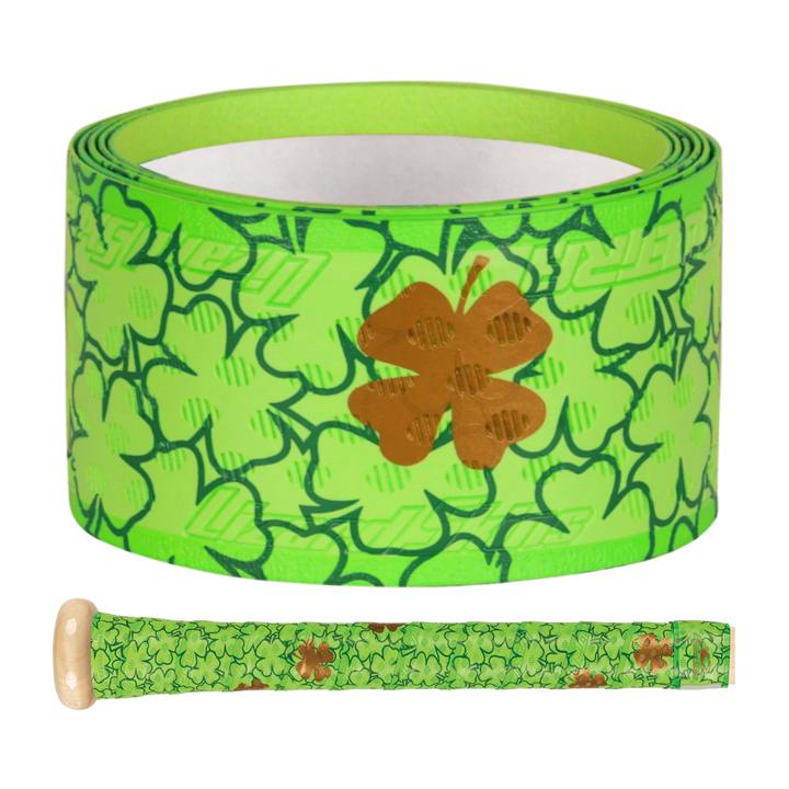 The Lizard Skins DSP Ultra Outburst 1.1mm Bat Grip in Four Leaf features light and dark green shamrocks with a gold four-leaf clover accent, offering premium polymer durability trusted by Major League Baseball pros.