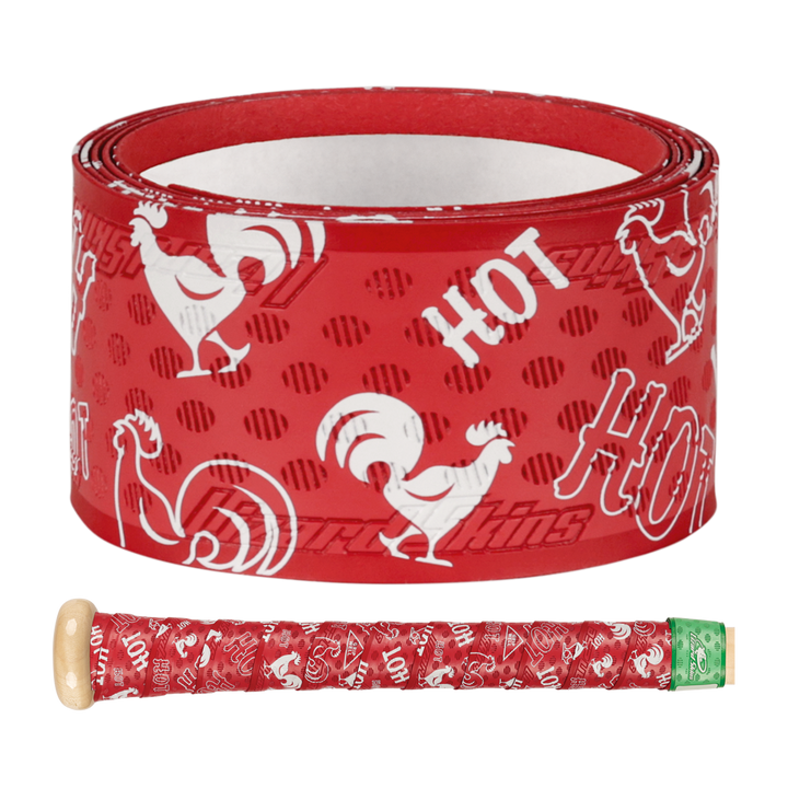 The Lizard Skins DSP Ultra Outburst 1.1mm Bat Grip in Hot Stuff features white rooster details and "HOT" in bold, ensuring polymer durability. Shown wrapped on a bat handle. Ideal for Major League Baseball fans.
