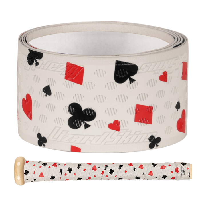 A Lizard Skins DSP Ultra Outburst 1.1mm Bat Grip in Hold’em White, featuring red and black playing card suits, is displayed beside a bike handle wrapped in the same durable polymer grip.