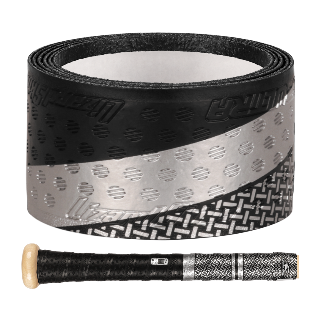 A Lizard Skins DSP Ultra Outburst 1.1mm Bat Grip in Mic Drop is displayed above a handle wrapped with the same grip, featuring a wood-colored knob and showcasing Lizard Skins polymer durability inspired by Major League standards.