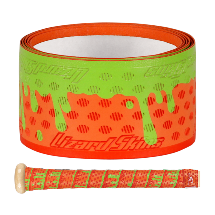 The Lizard Skins DSP Ultra Outburst 1.1mm Bat Grip in Orange Slime features a dripping paint and dot design, shown both rolled up and on a bat handle, highlighting the durable polymer trusted by Major League Baseball players.